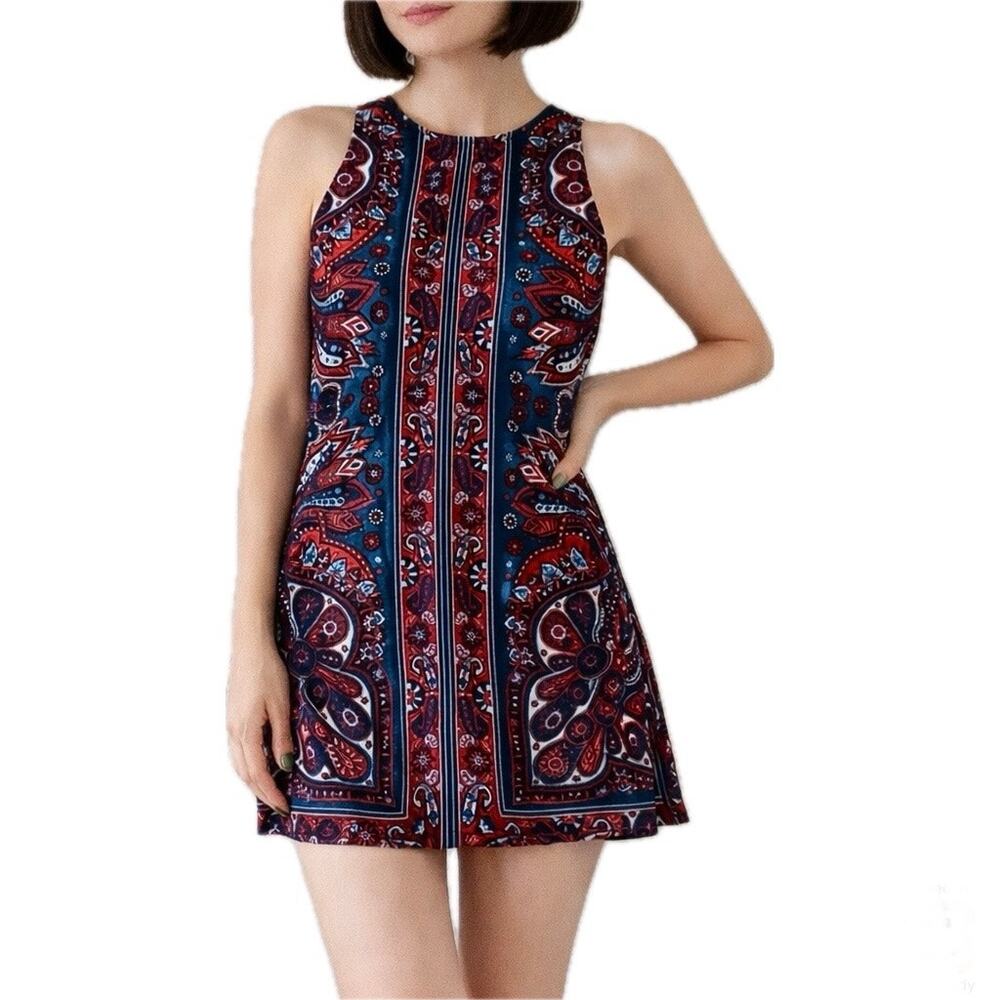 EUC Angie Red and Blue Multicolor Paisley Sleeveless Mini Dress. Size M